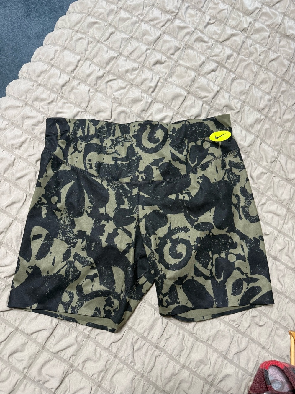 Nike Olive Green and Black Abstract Print Bike Shorts with Neon Logo